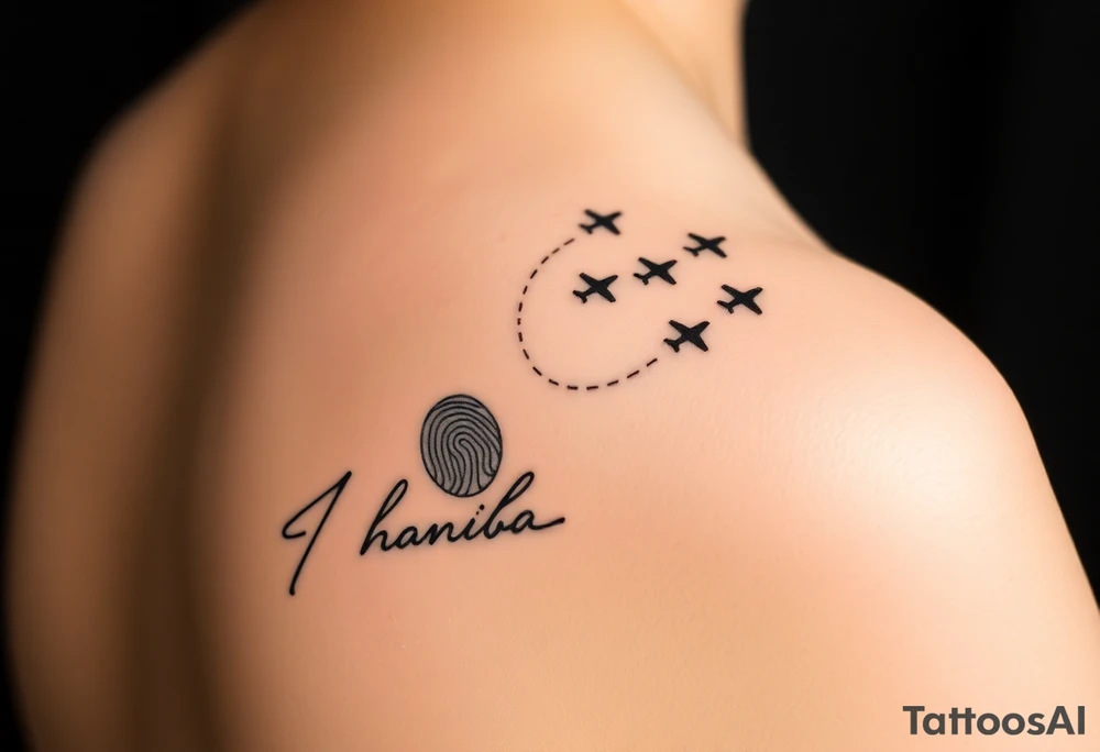 Memorial tattoo using line drawing style in black with shading. The design should flow up from his signature on the bottom, flowing into fingerprints and the melting into small planes flying away to the top right. This will go on the left shoulder. Tie the design together with scroll work that starts from the fingerprints and circles the signature. The scroll work should meld into the airplanes tattoo idea