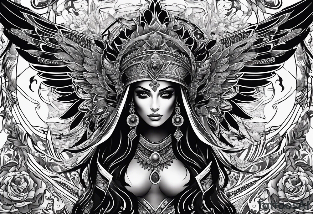 black kali, goddess pirate, alien, pachamama, valkrye, warrior, skull, lotus azul, wing, eagle, zenza resonance, stars, 5D tattoo idea