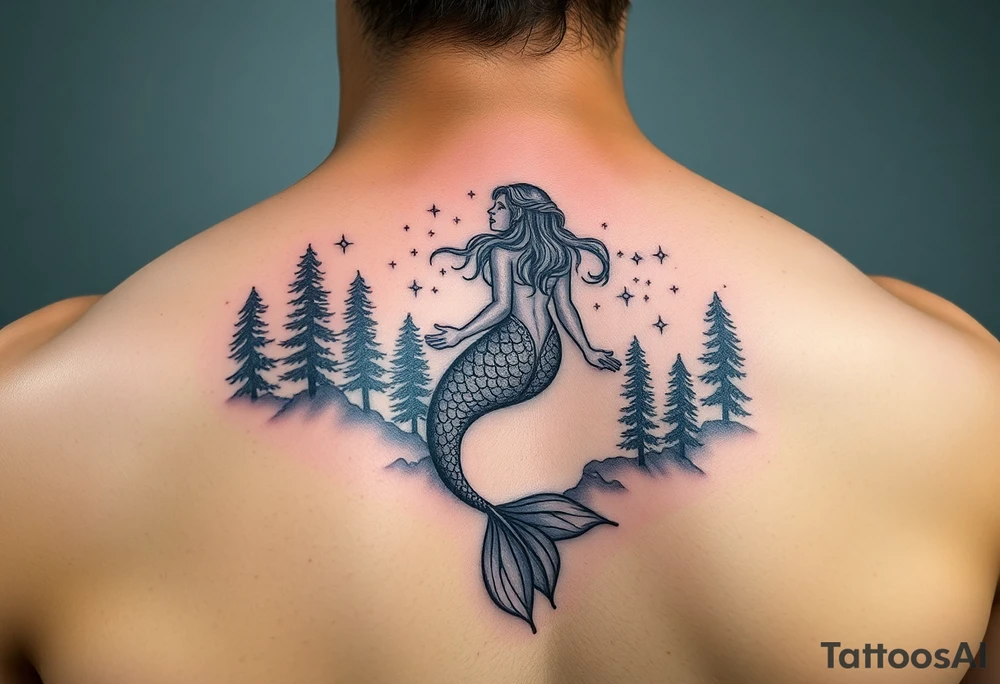 color tattoo on shoulder mermaid and forest around with starry sky tattoo idea