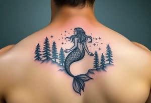 color tattoo on shoulder mermaid and forest around with starry sky tattoo idea