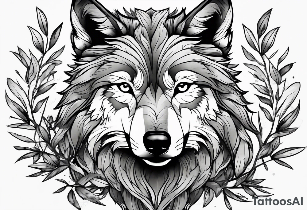 Wolf drawn with olive tree branches and leaves tattoo idea