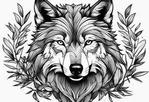 Wolf drawn with olive tree branches and leaves tattoo idea