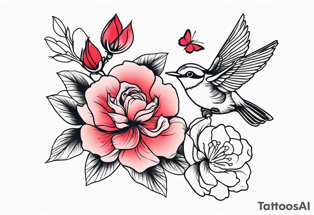 Japanese cherry blossom with birds, butterflies and rose tattoo idea