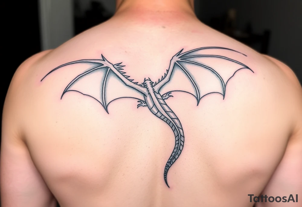 Dragon flying with outstretched wings, facing the viewer, with a long and slender body, the head slightly higher than the wings, and the tailed stretched out to one side tattoo idea