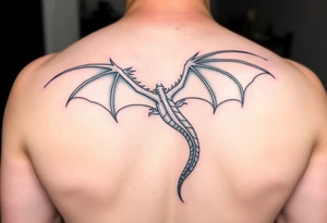 Dragon flying with outstretched wings, facing the viewer, with a long and slender body, the head slightly higher than the wings, and the tailed stretched out to one side tattoo idea