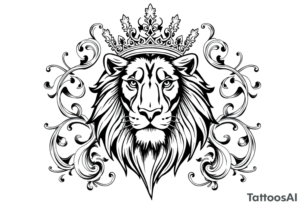 majestic lion wearing ornate crown, surrounded by baroque flourishes tattoo idea