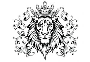 majestic lion wearing ornate crown, surrounded by baroque flourishes tattoo idea