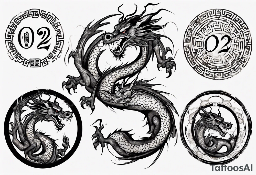 Chinese dragon in a circular shape with "02.03" written on its skin tattoo idea
