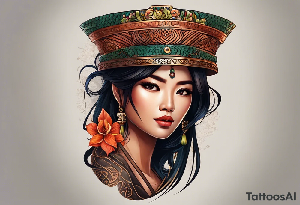 quiero crear una composicion para un tatuaje del antebrazo completo con pequeños tatuajes de tematica asiatica que incluya una rana con sombrero de vietnam, varios guerreros de terracota y una imagen del templo de camboya ankor tattoo idea