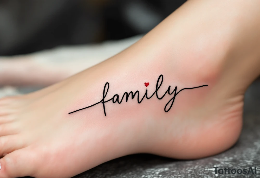 A heartbeat line forming the word family in black, with a small red heart at the center. tattoo idea
