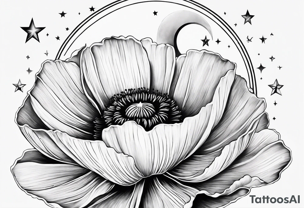 spine tattoo, poppy, stars, moon, cloud tattoo idea
