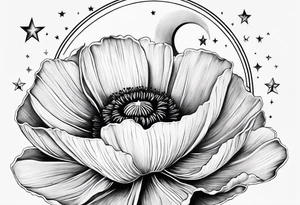 spine tattoo, poppy, stars, moon, cloud tattoo idea