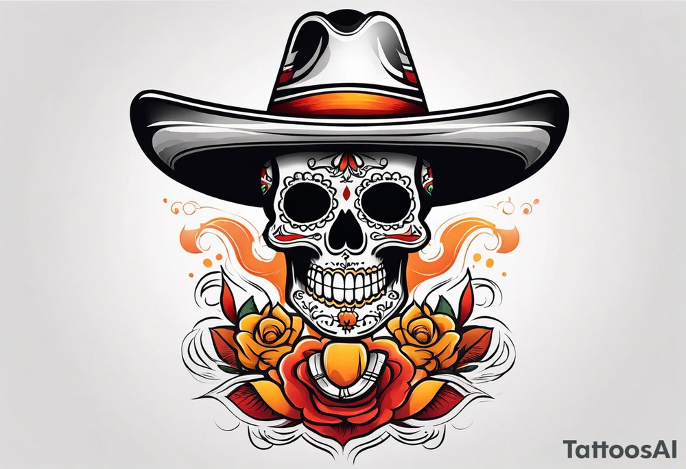 Mexican skull with sombrero with smoke coming out of the bottom orange and red tattoo idea