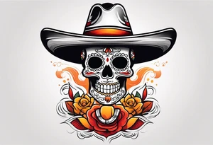 Mexican skull with sombrero with smoke coming out of the bottom orange and red tattoo idea