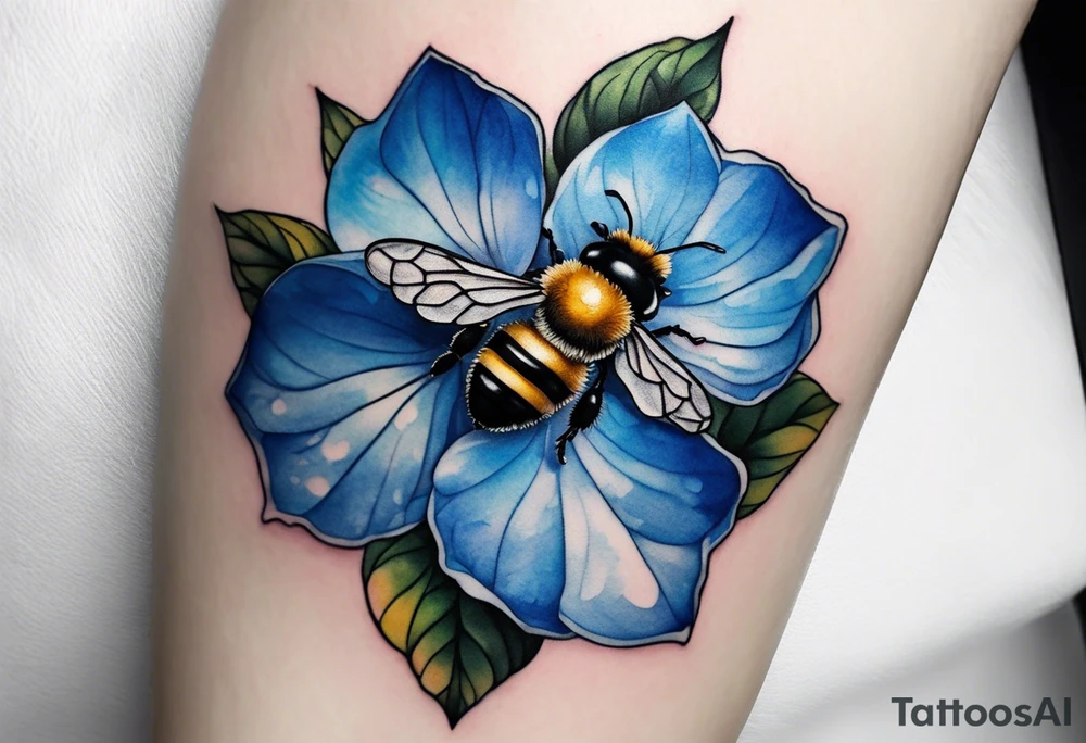 Small minimalist tattoo for forearm of a blue Hydrangea and a very small bee. tattoo idea