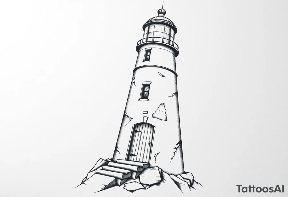 Lighthouse with rays of light with a few windows and an old door tattoo idea