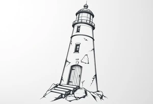 Lighthouse with rays of light with a few windows and an old door tattoo idea