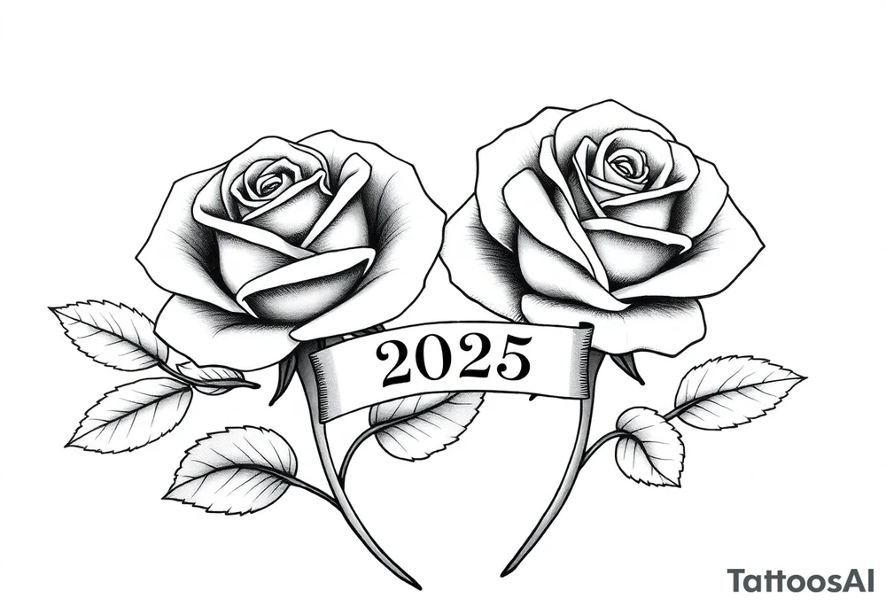 two beautiful large rose buds, one larger than the other, with lots and lots of leaves next to the rose buds, with one sitting slightly higher than the other, side-by-side.  Include a banner connecting the two roses with the year 2025 on it.   Use dark outlines with little shading. Remove all stems from the roses. tattoo idea