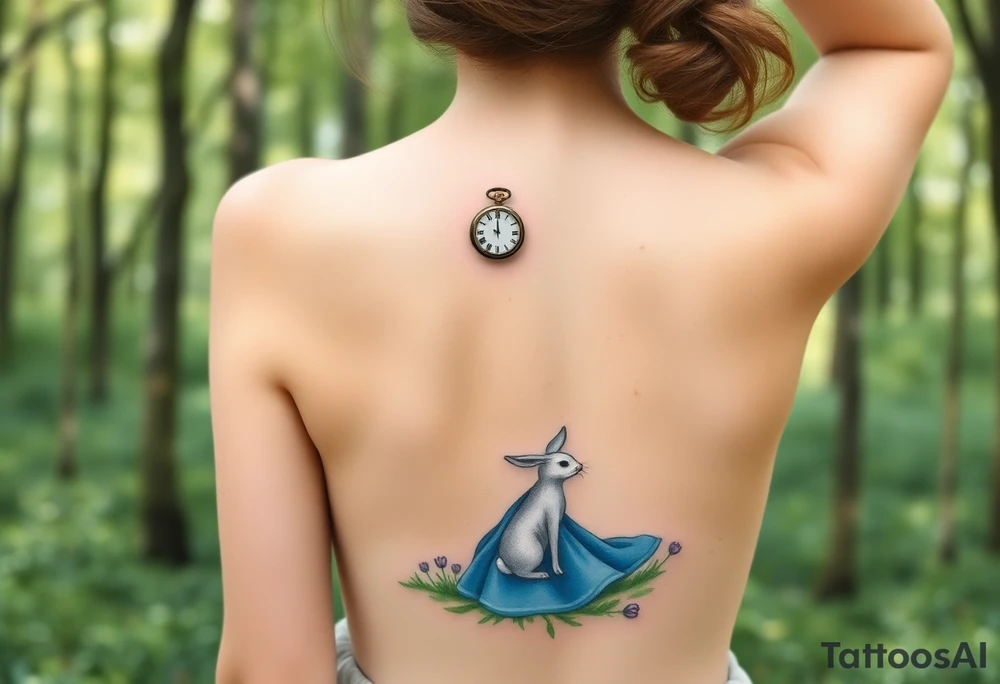 Back view of a girl in a blue dress walking in a forest following a small white rabbit. A pocket watch on top of the scene, falling amongst the trees tattoo idea