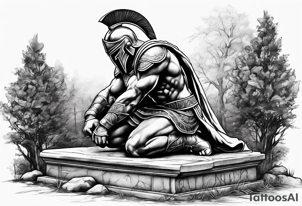 Spartan kneeling on a grave tattoo idea