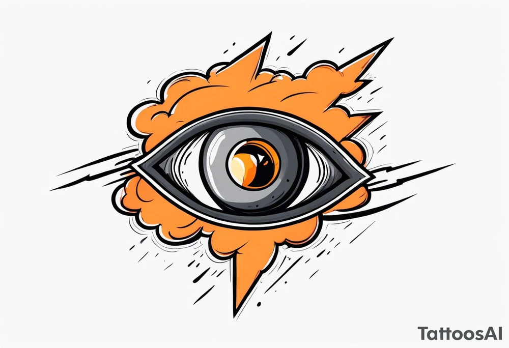 simple eyeball in dark stormy clouds with orange lightning coming from the clouds tattoo idea