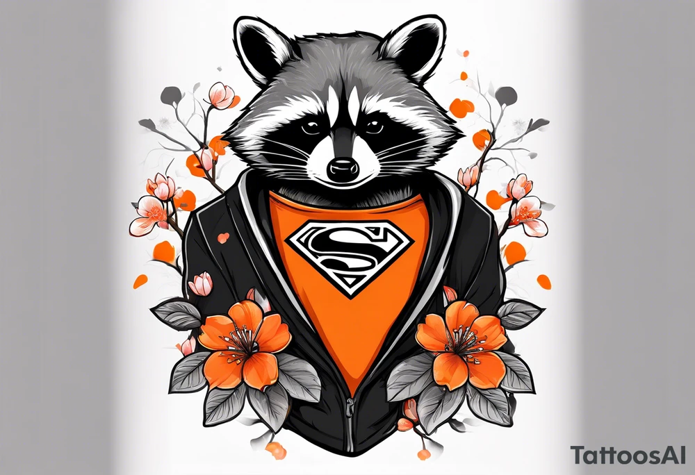 Raccoon wearing a white Superman logo on a black hoodie and orange Japanese cherry blossoms beside tattoo idea