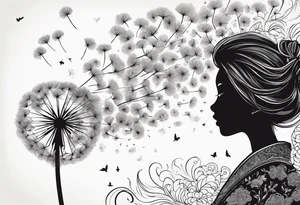 Blowing dandelion flying away , quote I want adventure in the great wide somewhere tattoo idea