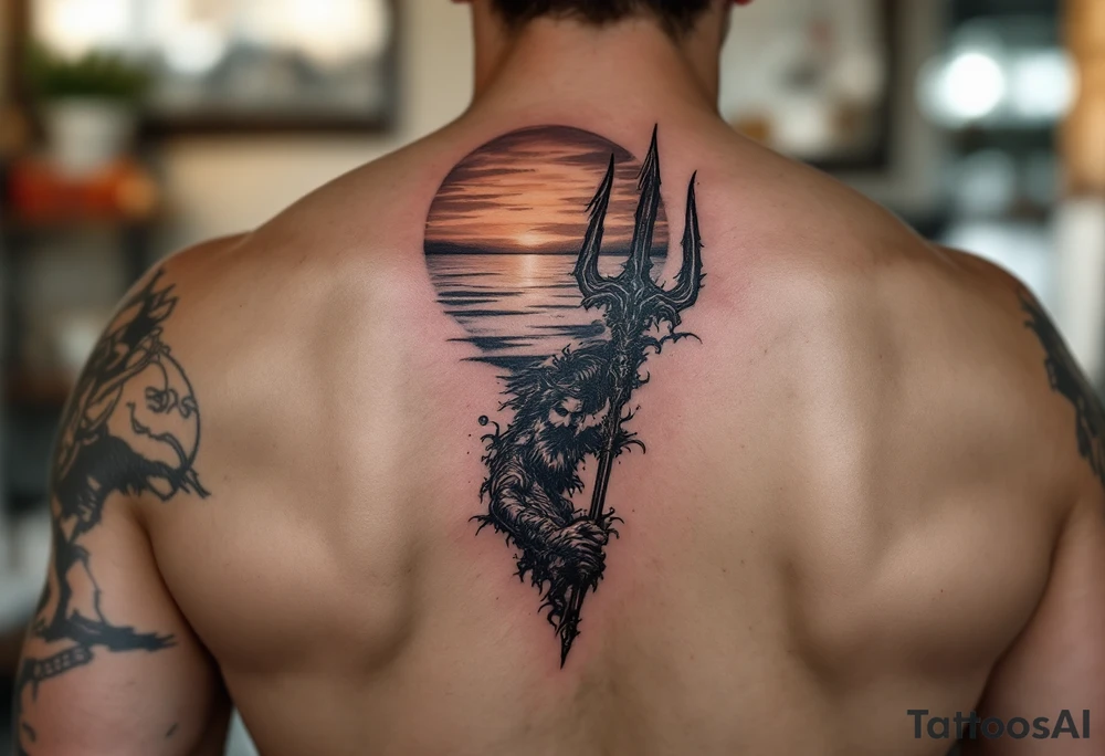 trident with Poseidon half way under calm water at sunset tattoo idea