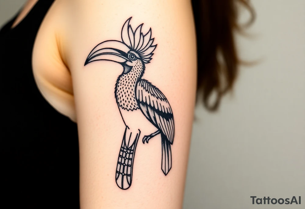 image of a Kalimantan ivory-horned hornbill with a Dayak motif woven background tattoo idea