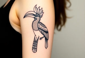 image of a Kalimantan ivory-horned hornbill with a Dayak motif woven background tattoo idea