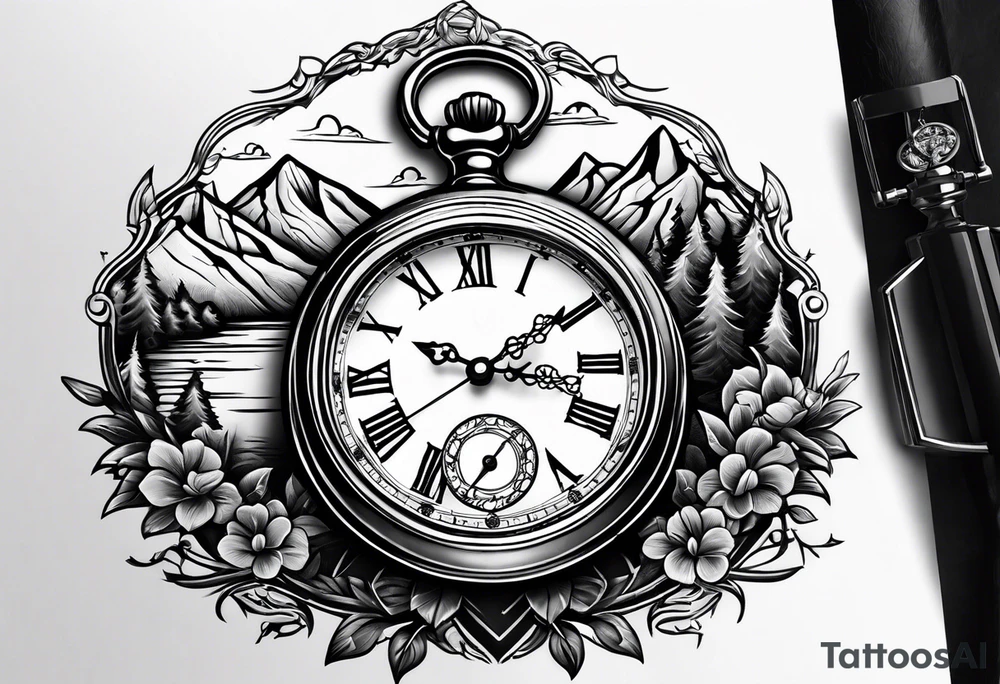 Pocket watch with mountains tattoo idea