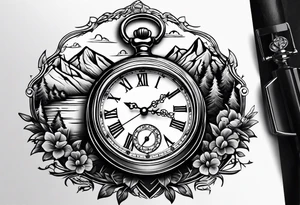 Pocket watch with mountains tattoo idea