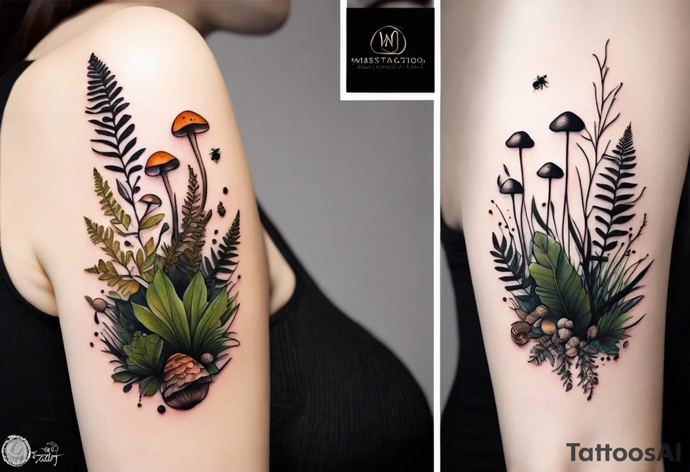 forest floor inspired minimalist tattoo, which includes grass, curly ferns, moss and dead leaves as the bulk of the tattoo. details to include: forest berries, a tiny bumblebee flying nearby, three small brown mushrooms
Generate a vertically long one tattoo idea