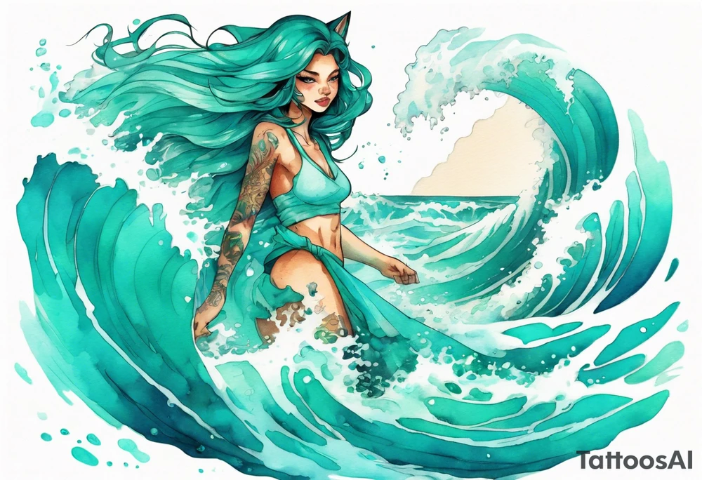 a beautiful turquoise catgirl emerging from an ocean wave, crashing onto the shore tattoo idea