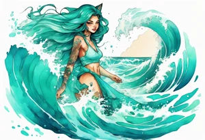 a beautiful turquoise catgirl emerging from an ocean wave, crashing onto the shore tattoo idea