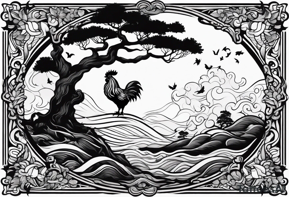oak tree with rooster and roots and waves and three birds tattoo idea