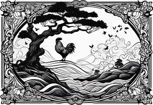 oak tree with rooster and roots and waves and three birds tattoo idea