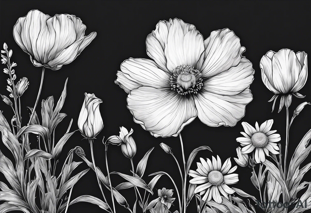 1 cosmos flower, 1 iris, 1 larkspur, 1 daisy, 1 poppy tattoo idea