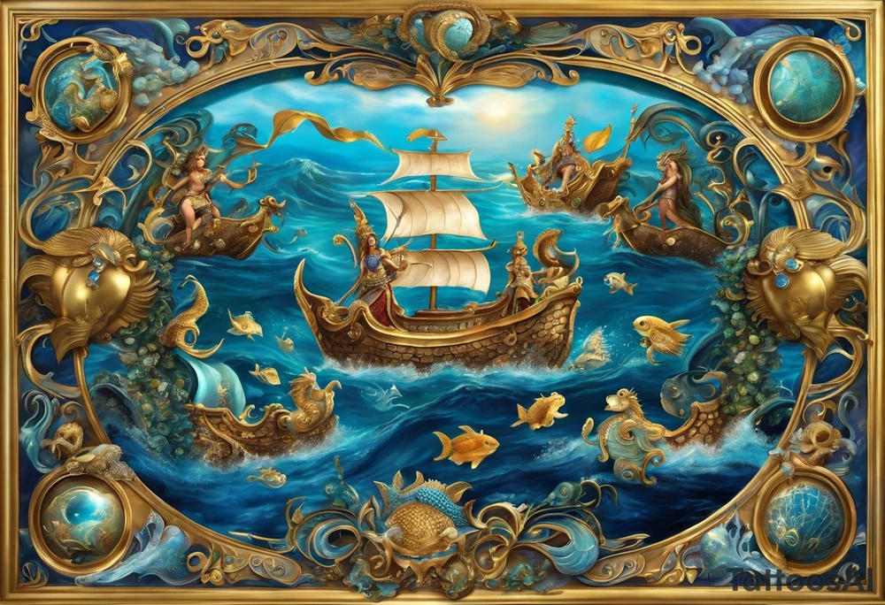 the tatto will be large in the middle there are sea horses guiding neptunes chariot they are the mythical beast castor and phalox, on the upper right is a blue nose and a rock sourrounded by water, on the upper left is a turtle with a golden shell and on the bottom is a ribbon with a sparrow on each side holding it up tattoo idea