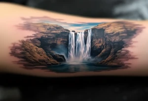 A realistic waterfall cascading down the forearm, flowing in crystal blue, white mist, and earthy browns, giving an ethereal look. tattoo idea