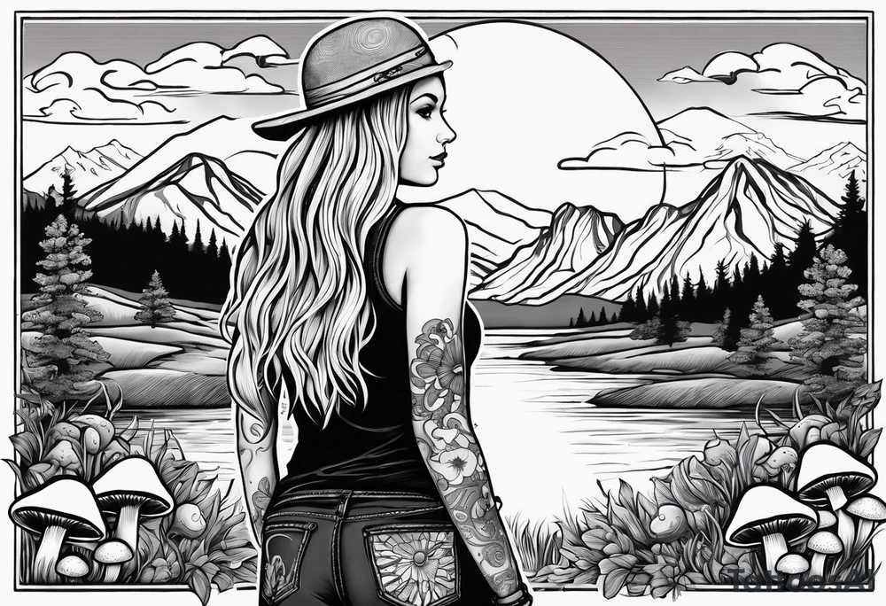 Straight long blonde hair hippie girl in distance holding mushrooms in hand facing away toward mountains and creek surrounded by mushrooms tee shirt and hiking pants

Entire tattoo encircled tattoo idea