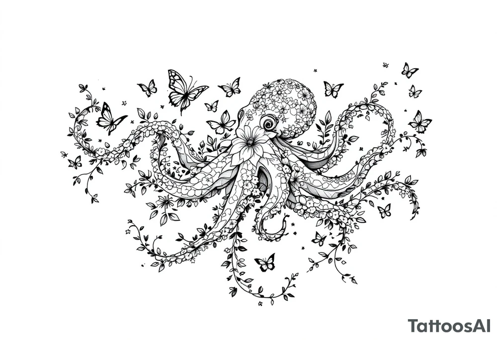 A fine-line tattoo design of a single octopus made entirely of flowers and butterflies. The octopus’s tentacles are shaped like flowing floral vines with leaves and petals, and its body is composed of overlapping blossoms and butterfly wings. The style is minimalist, elegant, and nature-inspired, with delicate black and grey lines, soft shading, and no outlines. No aquatic or marine elements besides the floral octopus. The design flows organically down the upper arm or shoulder, with a light, airy, and poetic feel. tattoo idea