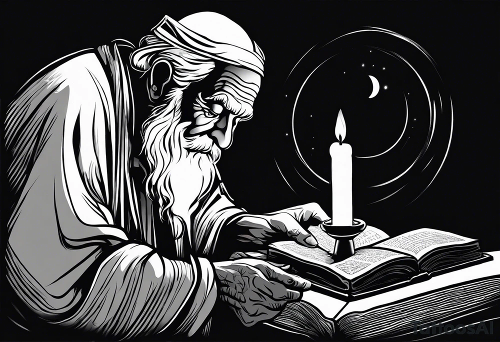 old man beggar reading a holy bible by candle light tattoo idea