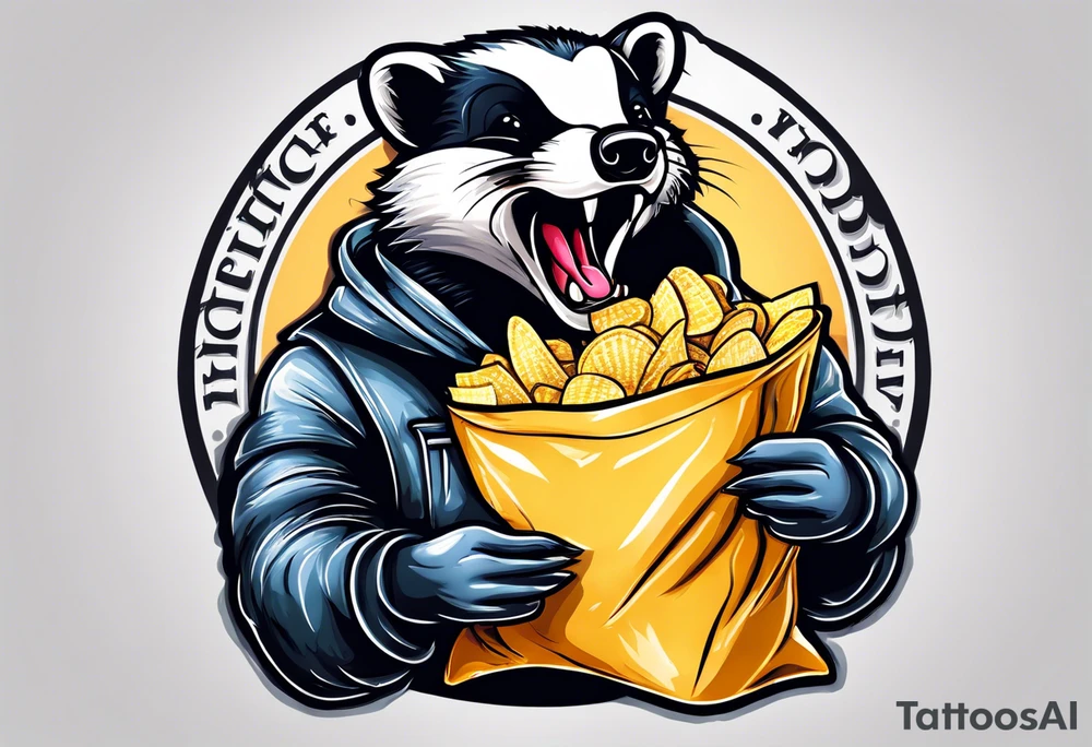 Angry badger with mouth open holding bag of chips tattoo idea