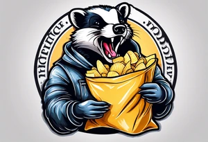 Angry badger with mouth open holding bag of chips tattoo idea