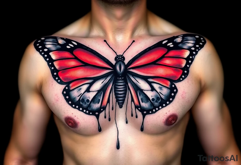 powerful majestic and dark monarch butterfly with skull detail in the wings
hidden skulls in wings, skull detail making the body of the butterfly with a horror style dripping effect, including blue, red and white colouring
placement on chest tattoo idea