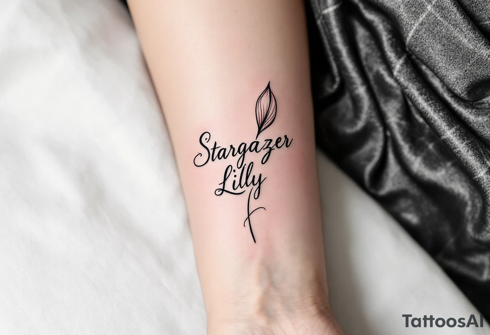 Stargazer Lilly 
with these words on stem in cursive (Rix Rys & Ari) long elegant stem with subtle shadowing through drawing in pink hues tattoo idea