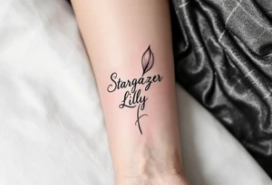 Stargazer Lilly 
with these words on stem in cursive (Rix Rys & Ari) long elegant stem with subtle shadowing through drawing in pink hues tattoo idea