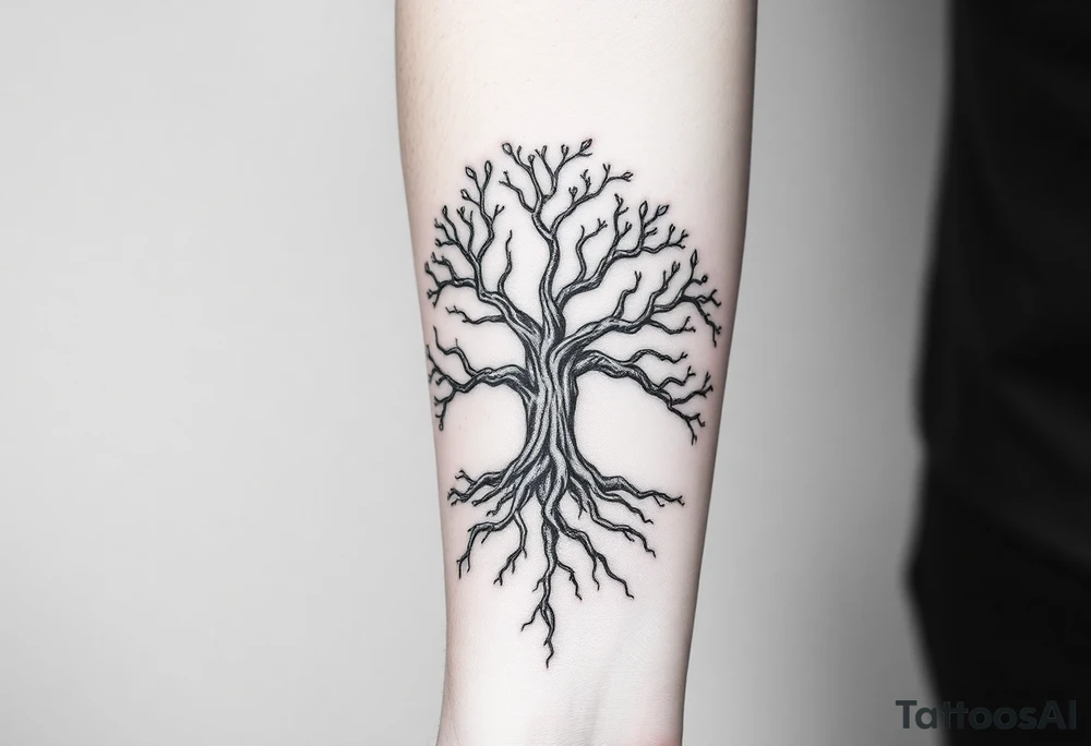 Family tree with roots covering entire forearm tattoo idea