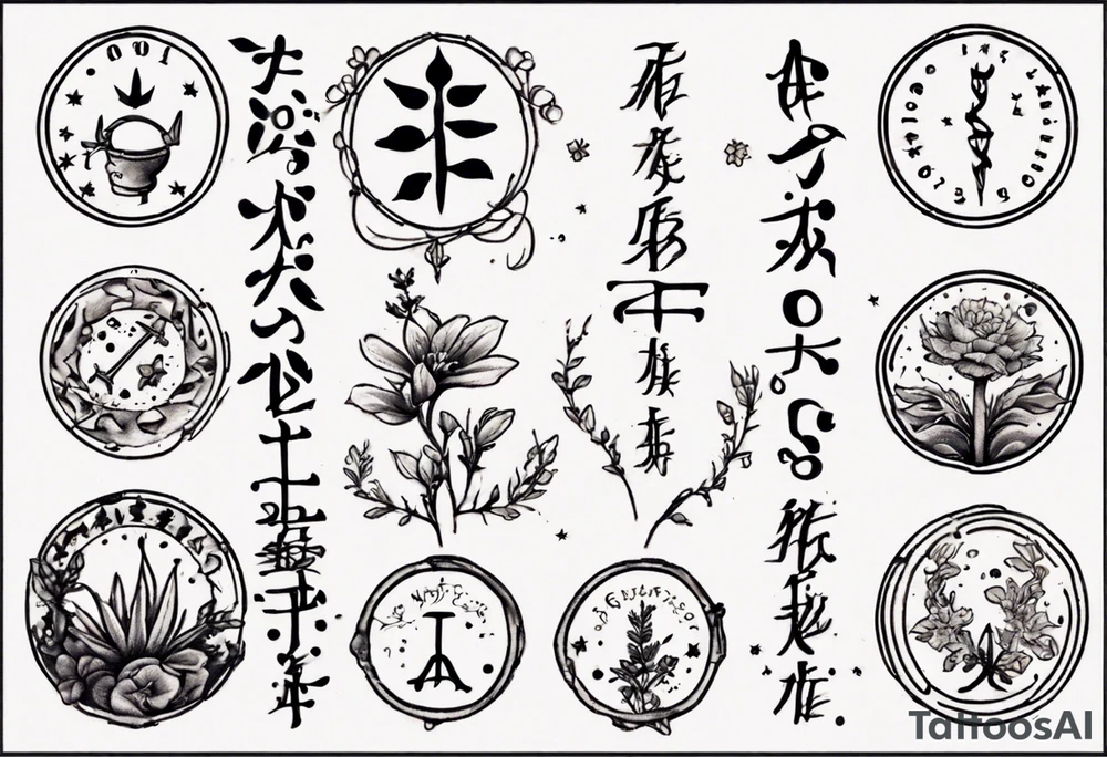 a forearm tattoo with little plants around the word sagittarius and underneath it the date 12.08.05 tattoo idea